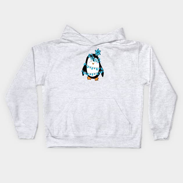 Cute Jewish Hanukkah Chrismukkah Christmas Tree Wrapped Penguin Cartoon, made by EndlessEmporium Kids Hoodie by EndlessEmporium